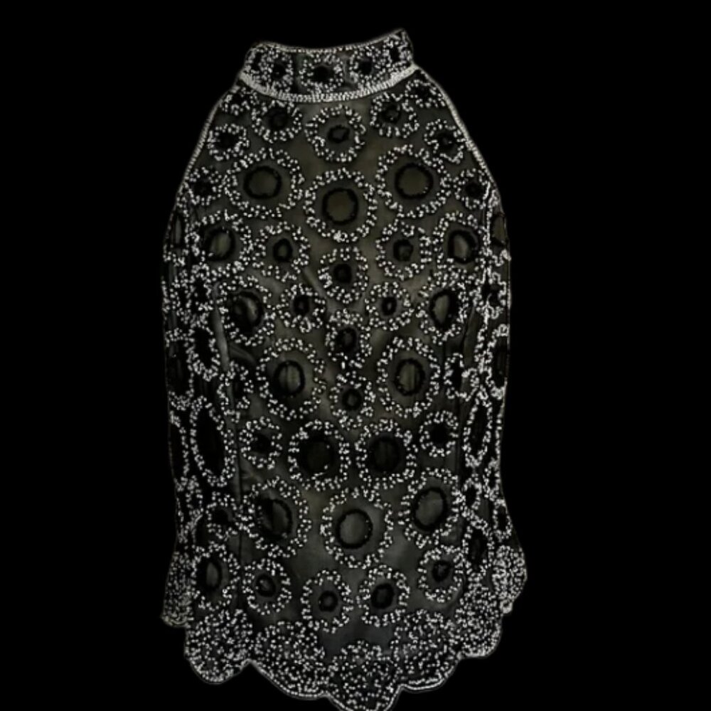 Black Silk beaded sleeveless top VTG Papell  Zip Up Back